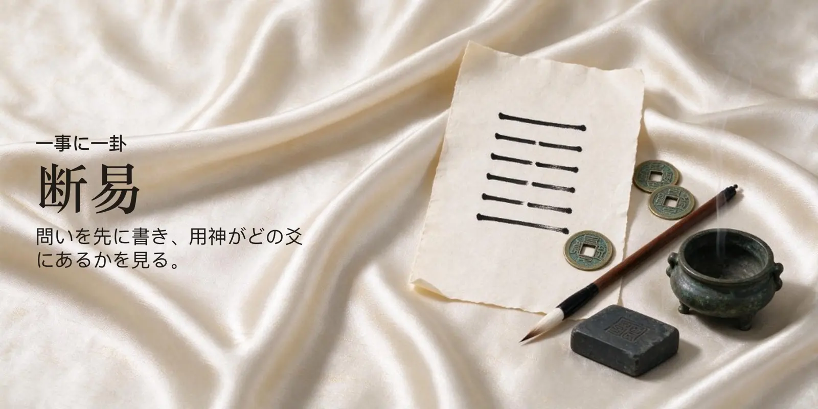 断易の卦。銭、筆、香炉がそばにある
