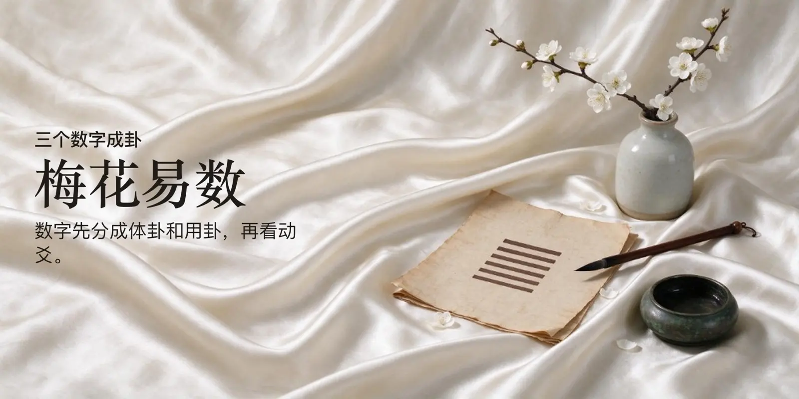 梅花易数卦象，旁有梅花、毛笔与砚台