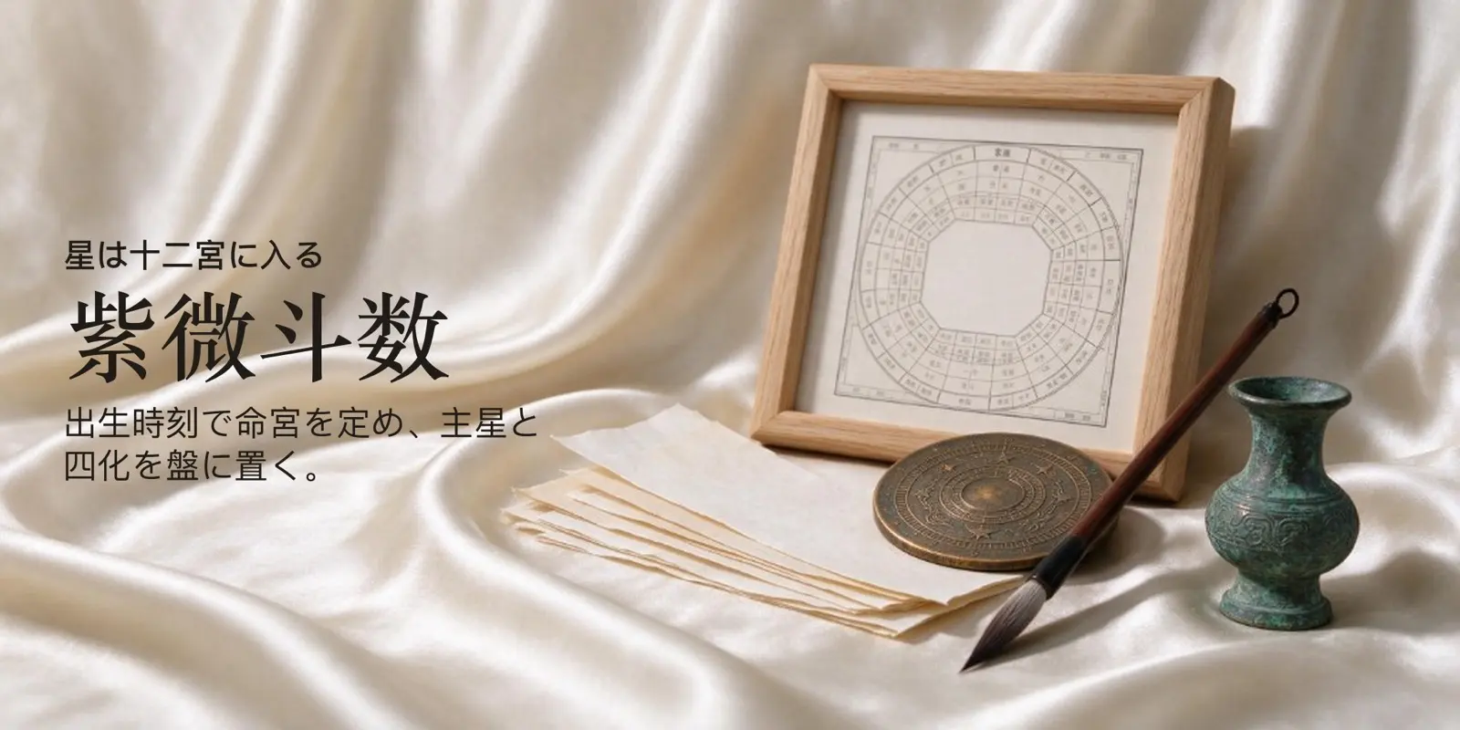紫微斗数の十二宮図。羅盤、筆、花瓶がそばにある